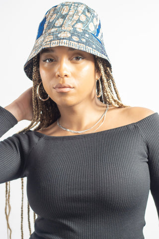 African Print Bucket Hat in Blue/Grey - River & Mara