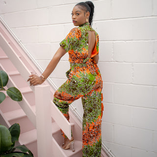 vibrant african print trousers and top featuring a unique open back