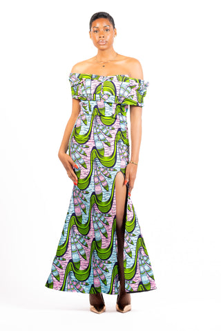 african print maxi dress with bow design an split