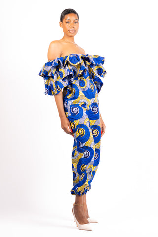 african print jumpsuit with blue hues and yellow