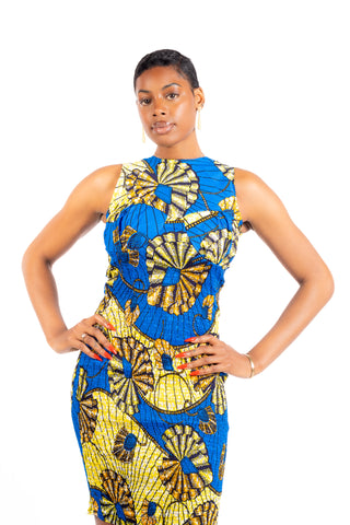 tola african print mini dress in yellow and blue wax fabric