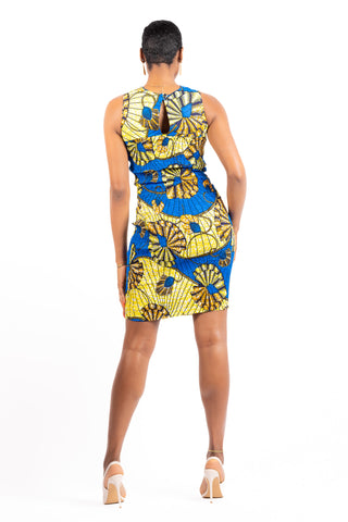 tola african print mini dress in yellow and blue wax fabric