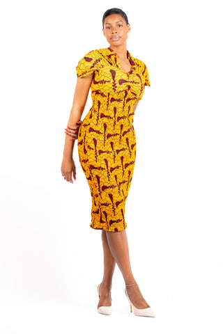 sasha african print midi dress made with yellow wax fabric