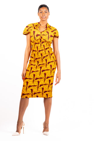 sasha african print midi dress made with yellow wax fabric