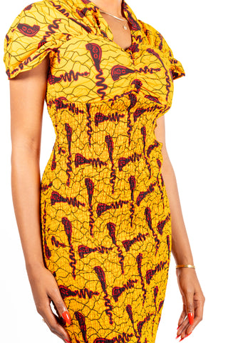 sasha african print midi dress made with yellow wax fabric