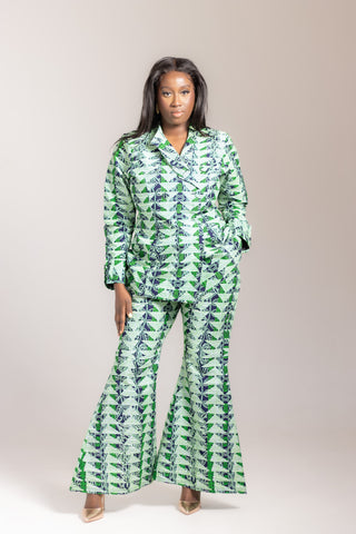 african print pantsuit featuring a blazer and trousers