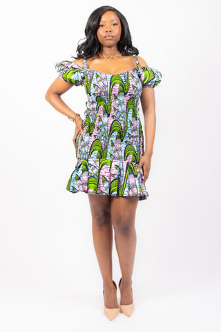 african print mini dress made with blue, green and pink wax fabric